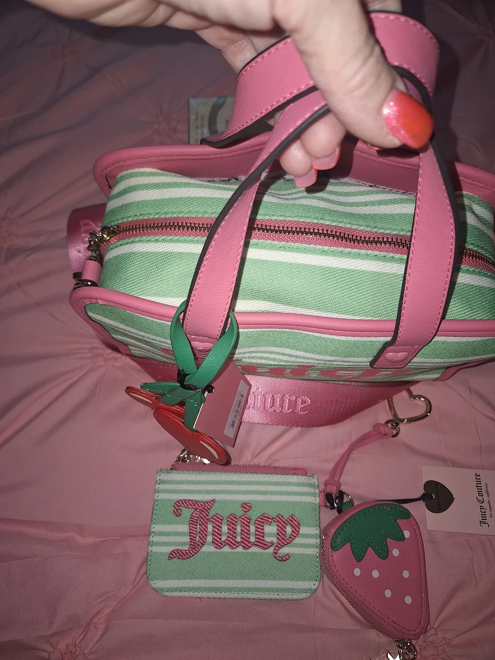 EXCLUSIVE Juicy Couture Pink & Mint Cherry-Strap Satchel Matching Wallet